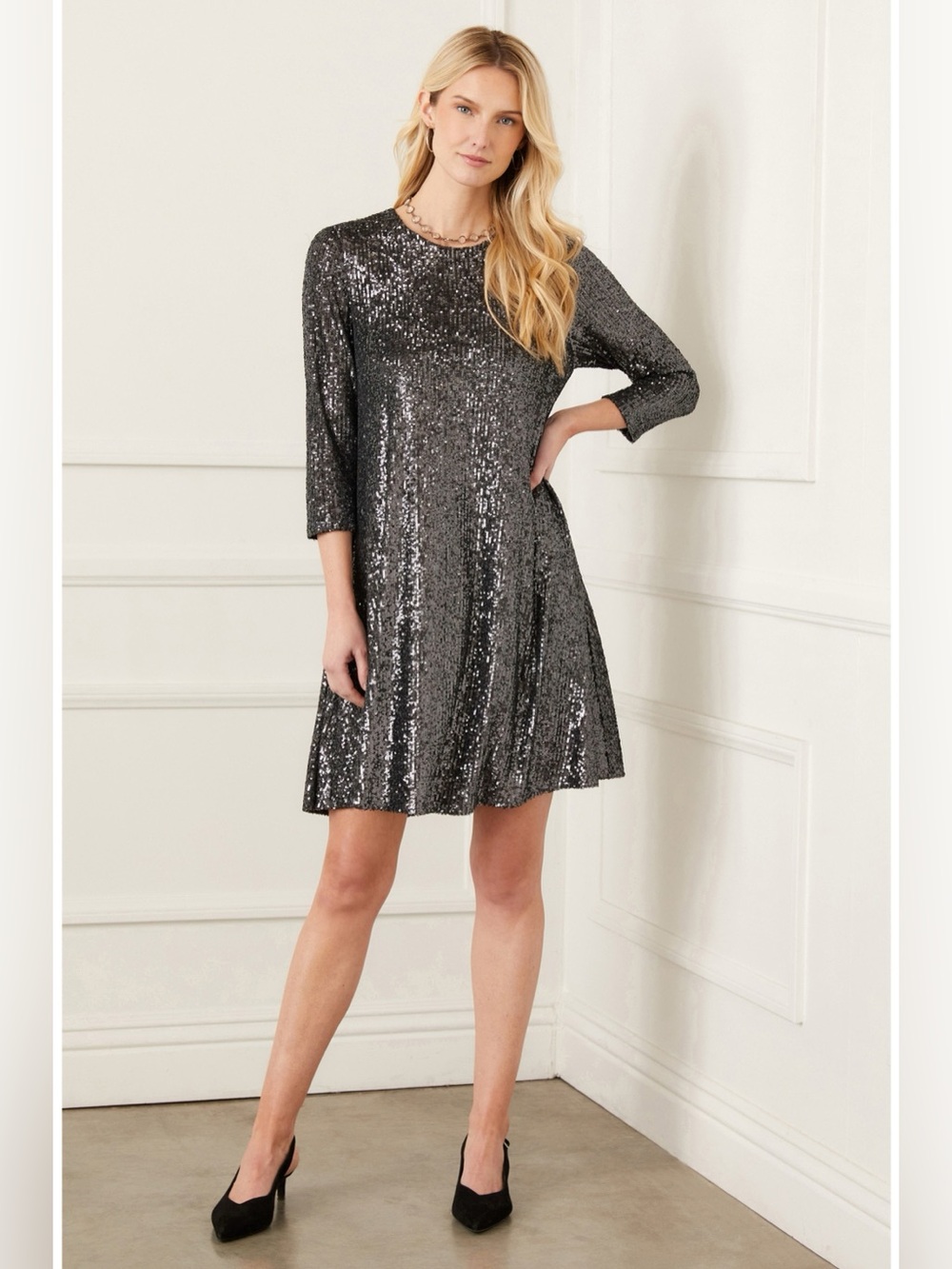 Karen Kane Black Silver Sequin Swing Dress